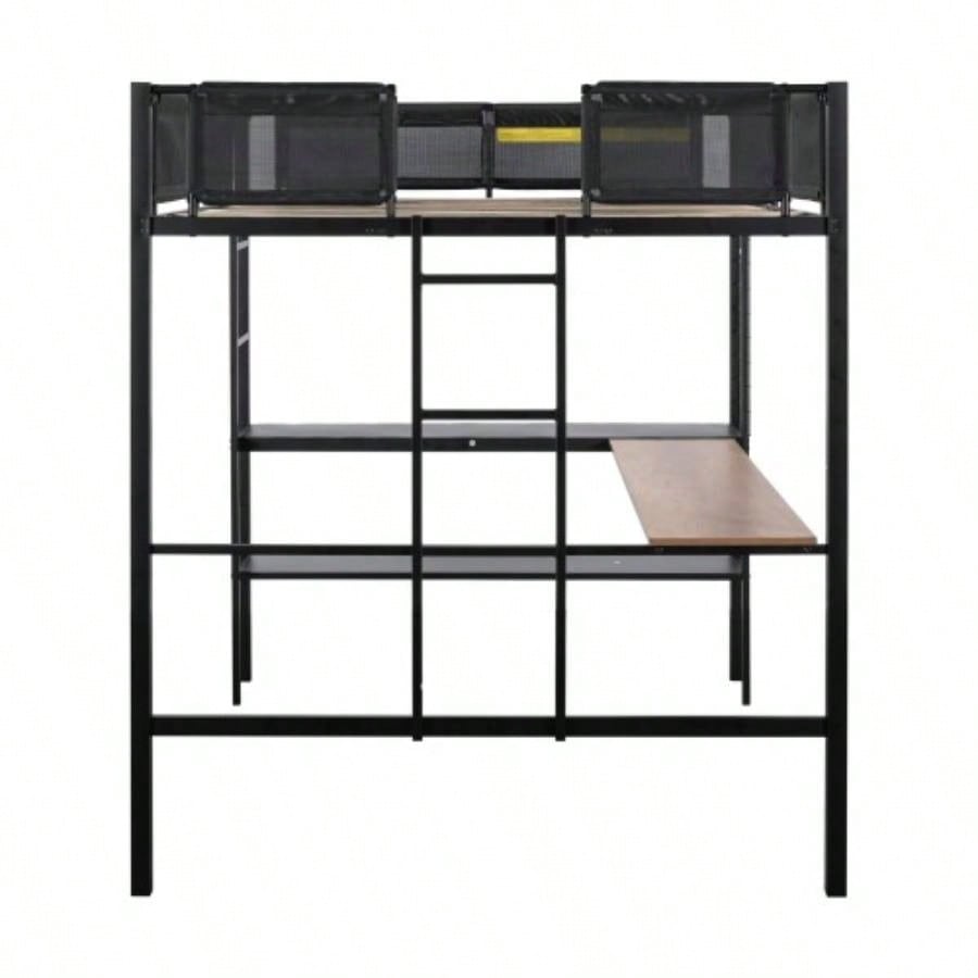 Metal Full Size Loft Bed with Desk Shelves/ Sturdy Metal Bed Frame/ Noise - Wood Slats/ Comfortable Guardrail/ Built - in Desk, 2 - tier Shelves Grid Panel/ 2 Side Ladders
