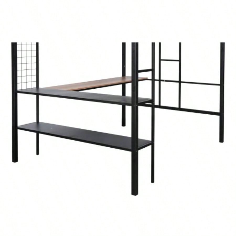 Metal Full Size Loft Bed with Desk Shelves/ Sturdy Metal Bed Frame/ Noise - Wood Slats/ Comfortable Guardrail/ Built - in Desk, 2 - tier Shelves Grid Panel/ 2 Side Ladders
