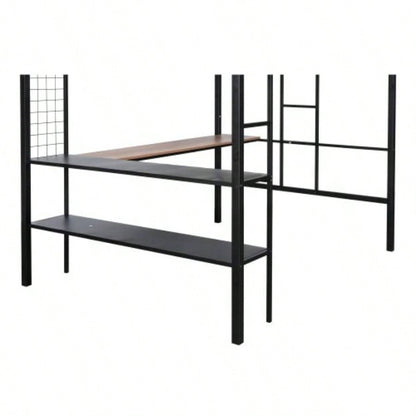 Metal Full Size Loft Bed with Desk Shelves/ Sturdy Metal Bed Frame/ Noise - Wood Slats/ Comfortable Guardrail/ Built - in Desk, 2 - tier Shelves Grid Panel/ 2 Side Ladders