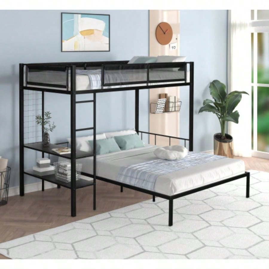 Metal Twin over Full Bunk with Shelves Grid Panel/ Sturdy Metal Bed Frame/ Noise - Wood Slats/ Comfortable Guardrail/ Built - in 2 - tier Shelves Grid Panel/ Separated Full size Bed