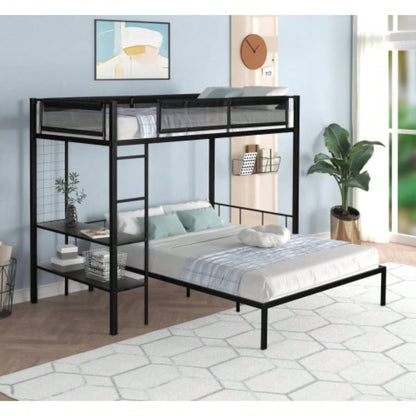 Metal Twin over Full Bunk with Shelves Grid Panel/ Sturdy Metal Bed Frame/ Noise - Wood Slats/ Comfortable Guardrail/ Built - in 2 - tier Shelves Grid Panel/ Separated Full size Bed