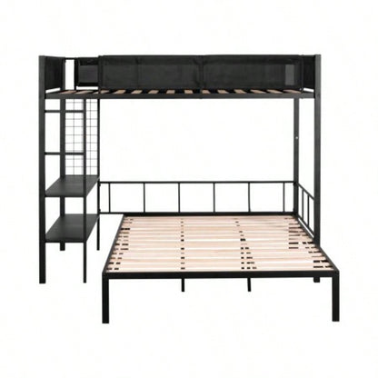 Metal Twin over Full Bunk with Shelves Grid Panel/ Sturdy Metal Bed Frame/ Noise - Wood Slats/ Comfortable Guardrail/ Built - in 2 - tier Shelves Grid Panel/ Separated Full size Bed
