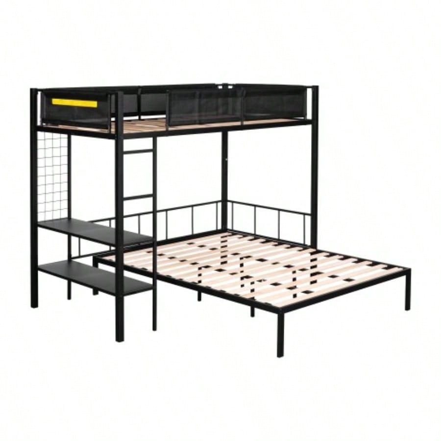 Metal Twin over Full Bunk with Shelves Grid Panel/ Sturdy Metal Bed Frame/ Noise - Wood Slats/ Comfortable Guardrail/ Built - in 2 - tier Shelves Grid Panel/ Separated Full size Bed