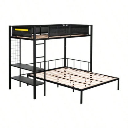Metal Twin over Full Bunk with Shelves Grid Panel/ Sturdy Metal Bed Frame/ Noise - Wood Slats/ Comfortable Guardrail/ Built - in 2 - tier Shelves Grid Panel/ Separated Full size Bed