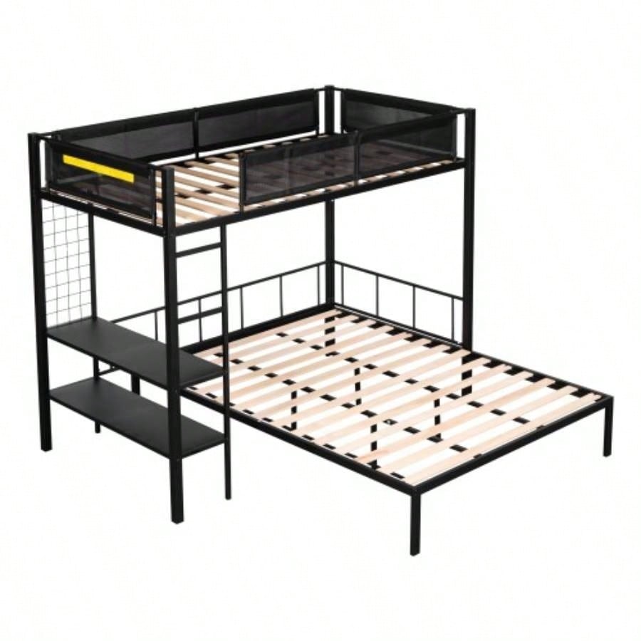 Metal Twin over Full Bunk with Shelves Grid Panel/ Sturdy Metal Bed Frame/ Noise - Wood Slats/ Comfortable Guardrail/ Built - in 2 - tier Shelves Grid Panel/ Separated Full size Bed