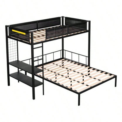 Metal Twin over Full Bunk with Shelves Grid Panel/ Sturdy Metal Bed Frame/ Noise - Wood Slats/ Comfortable Guardrail/ Built - in 2 - tier Shelves Grid Panel/ Separated Full size Bed