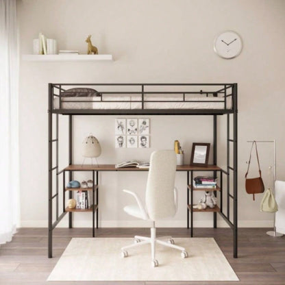 Twin - size Loft Bed with Table Shelves/ Heavy - duty Sturdy Metal/ Built - in Table Shelves/ Noise Reduced/ Safety Guardrail/ 2 Side Ladders/ CPC Certified/ No Box Spring Needed