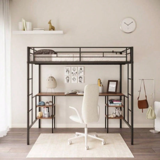 Twin - size Loft Bed with Table Shelves/ Heavy - duty Sturdy Metal/ Built - in Table Shelves/ Noise Reduced/ Safety Guardrail/ 2 Side Ladders/ CPC Certified/ No Box Spring Needed