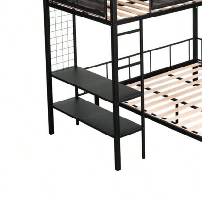 Metal Twin over Full Bunk with Shelves Grid Panel/ Sturdy Metal Bed Frame/ Noise - Wood Slats/ Comfortable Guardrail/ Built - in 2 - tier Shelves Grid Panel/ Separated Full size Bed