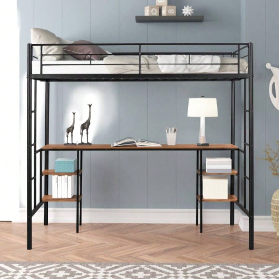 Twin - size Loft Bed with Table Shelves/ Heavy - duty Sturdy Metal/ Built - in Table Shelves/ Noise Reduced/ Safety Guardrail/ 2 Side Ladders/ CPC Certified/ No Box Spring Needed