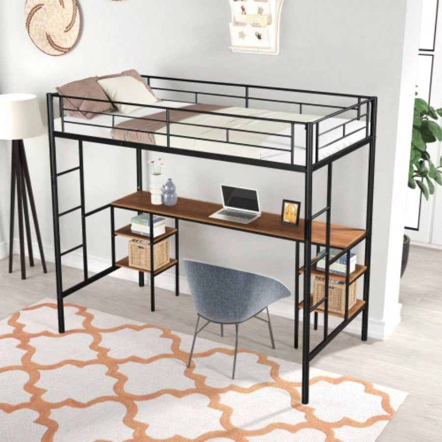 Twin - size Loft Bed with Table Shelves/ Heavy - duty Sturdy Metal/ Built - in Table Shelves/ Noise Reduced/ Safety Guardrail/ 2 Side Ladders/ CPC Certified/ No Box Spring Needed