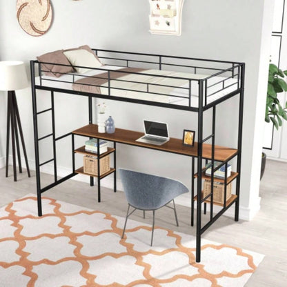 Twin - size Loft Bed with Table Shelves/ Heavy - duty Sturdy Metal/ Built - in Table Shelves/ Noise Reduced/ Safety Guardrail/ 2 Side Ladders/ CPC Certified/ No Box Spring Needed
