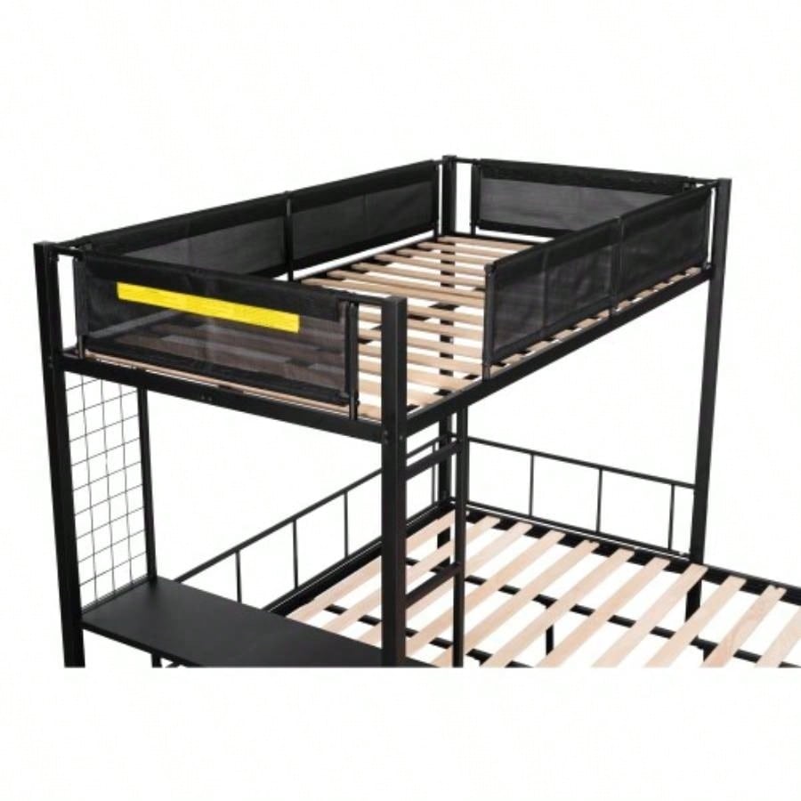 Metal Twin over Full Bunk with Shelves Grid Panel/ Sturdy Metal Bed Frame/ Noise - Wood Slats/ Comfortable Guardrail/ Built - in 2 - tier Shelves Grid Panel/ Separated Full size Bed