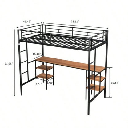 Twin - size Loft Bed with Table Shelves/ Heavy - duty Sturdy Metal/ Built - in Table Shelves/ Noise Reduced/ Safety Guardrail/ 2 Side Ladders/ CPC Certified/ No Box Spring Needed