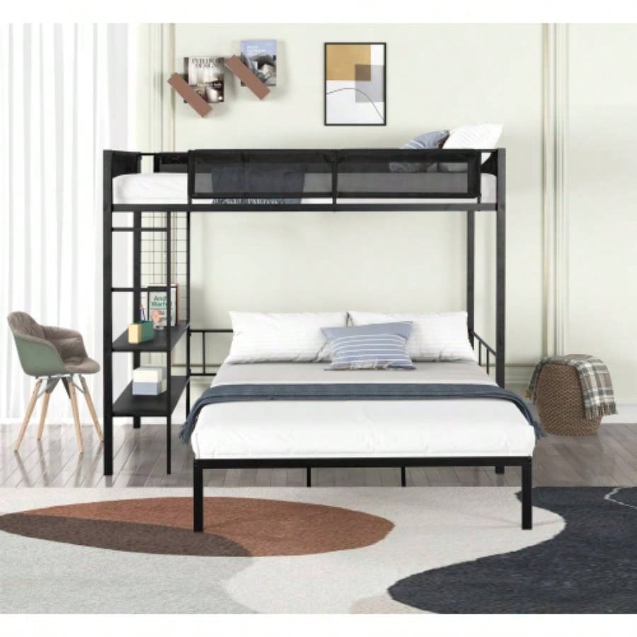 Metal Twin over Full Bunk with Shelves Grid Panel/ Sturdy Metal Bed Frame/ Noise - Wood Slats/ Comfortable Guardrail/ Built - in 2 - tier Shelves Grid Panel/ Separated Full size Bed