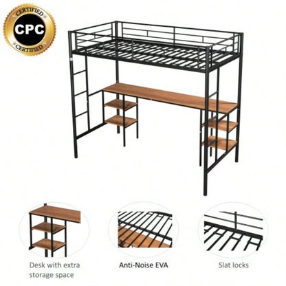 Twin - size Loft Bed with Table Shelves/ Heavy - duty Sturdy Metal/ Built - in Table Shelves/ Noise Reduced/ Safety Guardrail/ 2 Side Ladders/ CPC Certified/ No Box Spring Needed