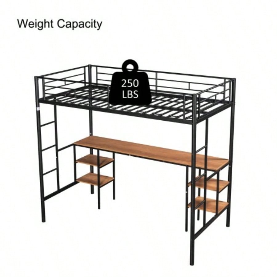 Twin - size Loft Bed with Table Shelves/ Heavy - duty Sturdy Metal/ Built - in Table Shelves/ Noise Reduced/ Safety Guardrail/ 2 Side Ladders/ CPC Certified/ No Box Spring Needed