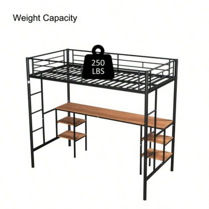 Twin - size Loft Bed with Table Shelves/ Heavy - duty Sturdy Metal/ Built - in Table Shelves/ Noise Reduced/ Safety Guardrail/ 2 Side Ladders/ CPC Certified/ No Box Spring Needed