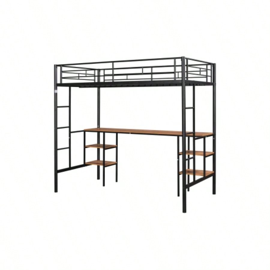 Twin - size Loft Bed with Table Shelves/ Heavy - duty Sturdy Metal/ Built - in Table Shelves/ Noise Reduced/ Safety Guardrail/ 2 Side Ladders/ CPC Certified/ No Box Spring Needed