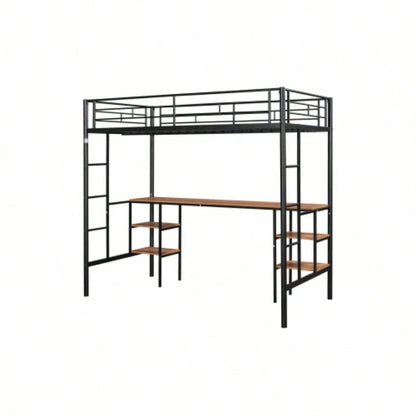 Twin - size Loft Bed with Table Shelves/ Heavy - duty Sturdy Metal/ Built - in Table Shelves/ Noise Reduced/ Safety Guardrail/ 2 Side Ladders/ CPC Certified/ No Box Spring Needed