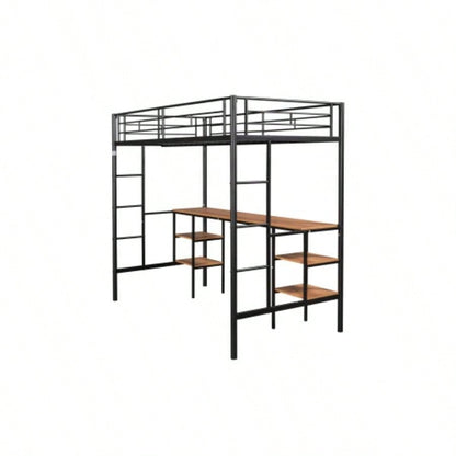 Twin - size Loft Bed with Table Shelves/ Heavy - duty Sturdy Metal/ Built - in Table Shelves/ Noise Reduced/ Safety Guardrail/ 2 Side Ladders/ CPC Certified/ No Box Spring Needed