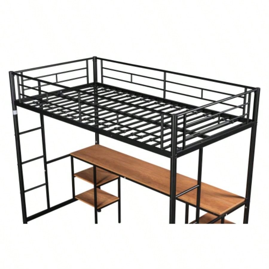 Twin - size Loft Bed with Table Shelves/ Heavy - duty Sturdy Metal/ Built - in Table Shelves/ Noise Reduced/ Safety Guardrail/ 2 Side Ladders/ CPC Certified/ No Box Spring Needed