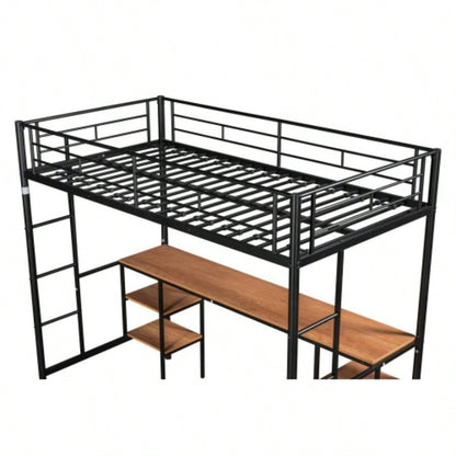 Twin - size Loft Bed with Table Shelves/ Heavy - duty Sturdy Metal/ Built - in Table Shelves/ Noise Reduced/ Safety Guardrail/ 2 Side Ladders/ CPC Certified/ No Box Spring Needed