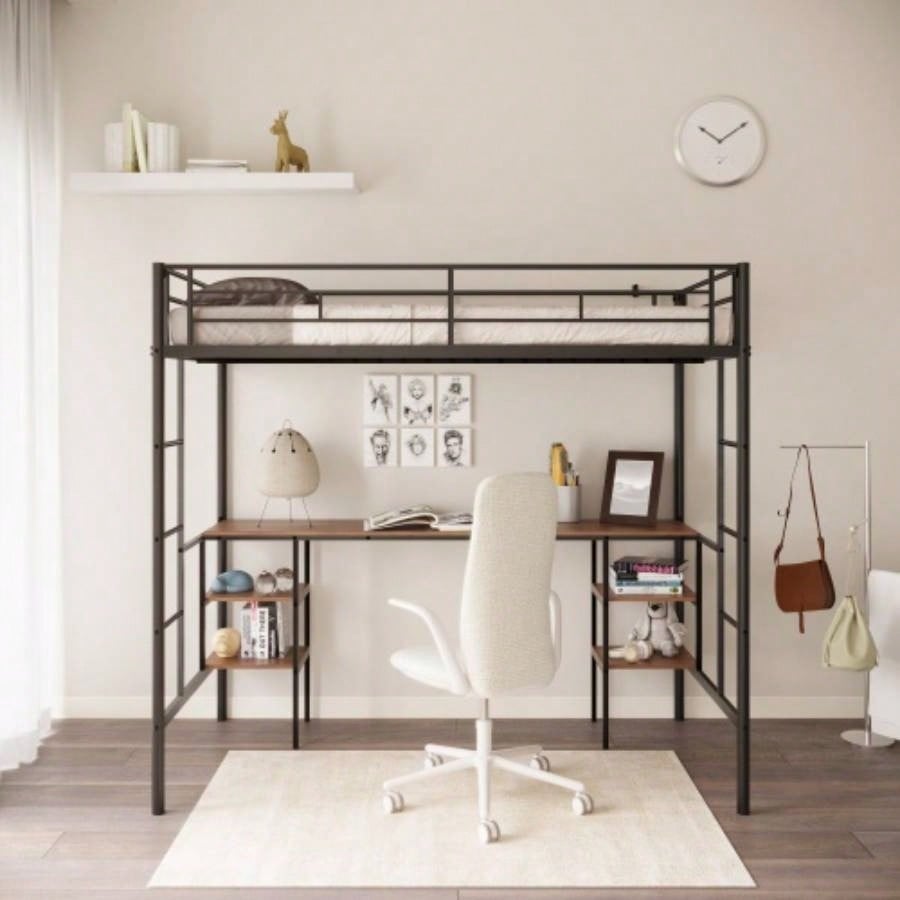 Twin - size Loft Bed with Table Shelves/ Heavy - duty Sturdy Metal/ Built - in Table Shelves/ Noise Reduced/ Safety Guardrail/ 2 Side Ladders/ CPC Certified/ No Box Spring Needed