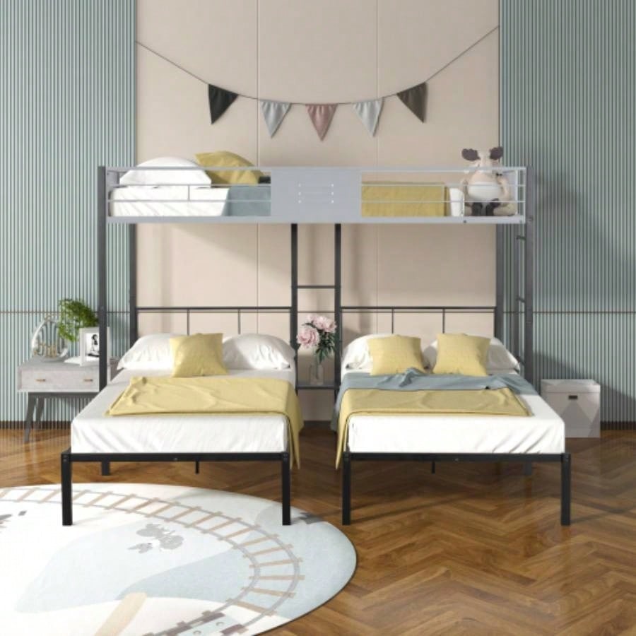 Triple Bunk Bed with Vent Board/ Sturdy Metal Frame/ Noise - Wood Slats/ Separatable into three beds/ No Box Spring Needed