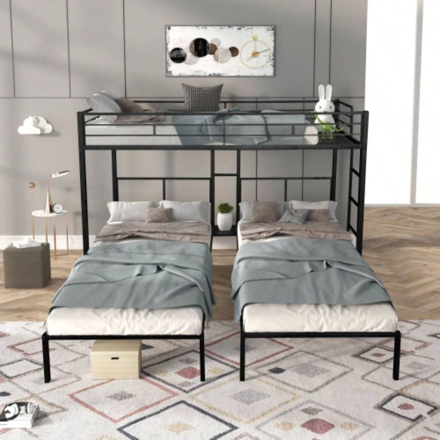 Triple Bunk Bed with Vent Board/ Sturdy Metal Frame/ Noise - Wood Slats/ Separatable into three beds/ No Box Spring Needed