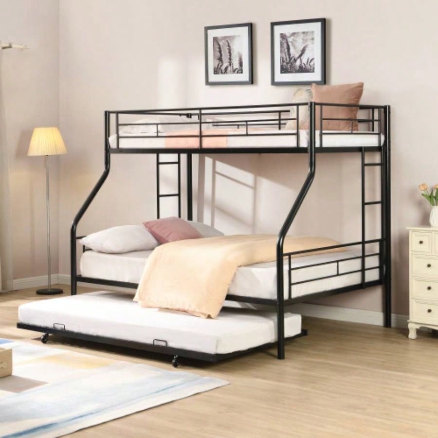 Twin Over Twin Metal Bunk Bed with trundle Black