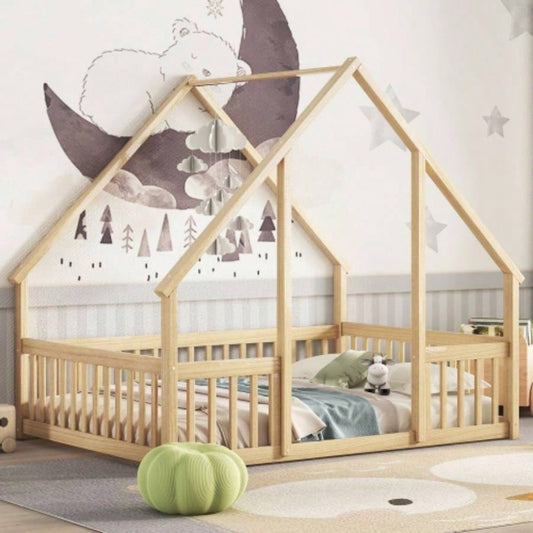 Full Wood House - Shaped Floor Bed with Fence, Guardrails, Natural