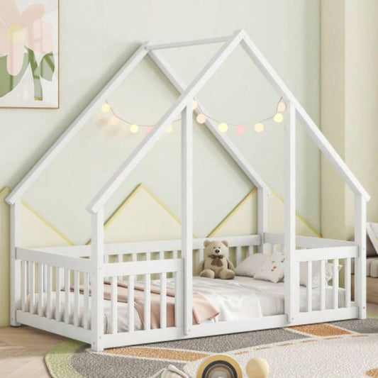 Twin Wood House - Shaped Floor Bed with Fence, Guardrails, White