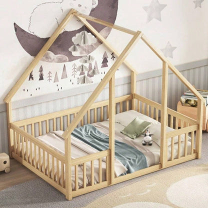 Full Wood House - Shaped Floor Bed with Fence, Guardrails, Natural