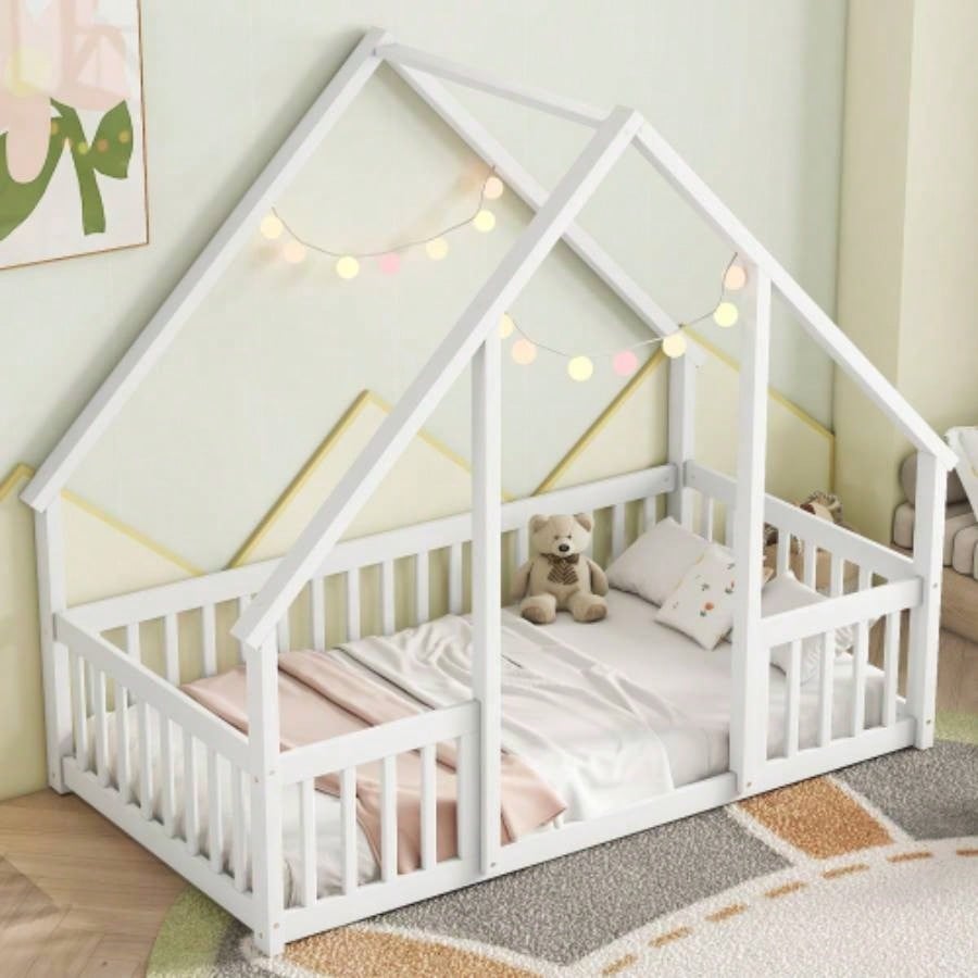 Twin Wood House - Shaped Floor Bed with Fence, Guardrails, White