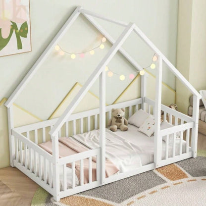 Twin Wood House - Shaped Floor Bed with Fence, Guardrails, White