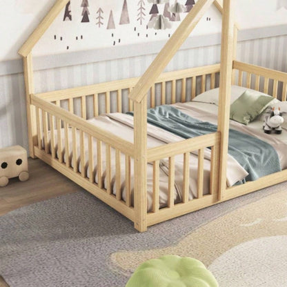 Full Wood House - Shaped Floor Bed with Fence, Guardrails, Natural