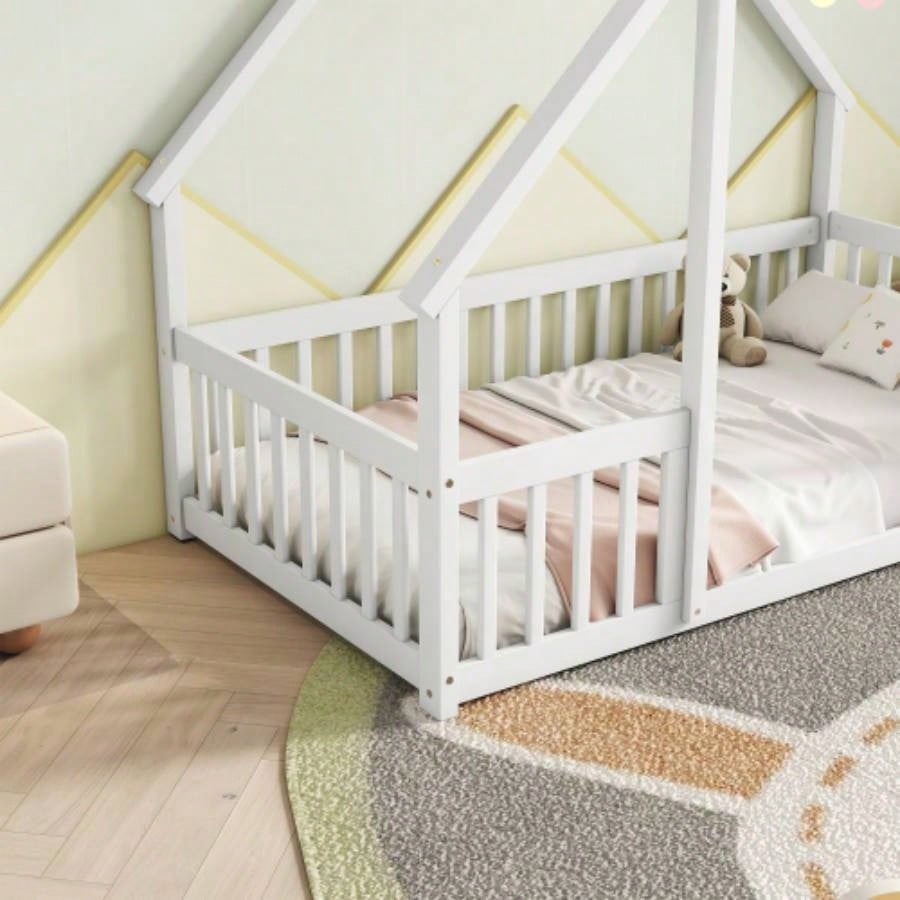 Twin Wood House - Shaped Floor Bed with Fence, Guardrails, White
