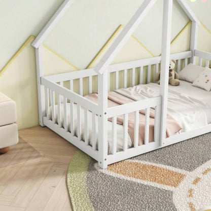 Twin Wood House - Shaped Floor Bed with Fence, Guardrails, White