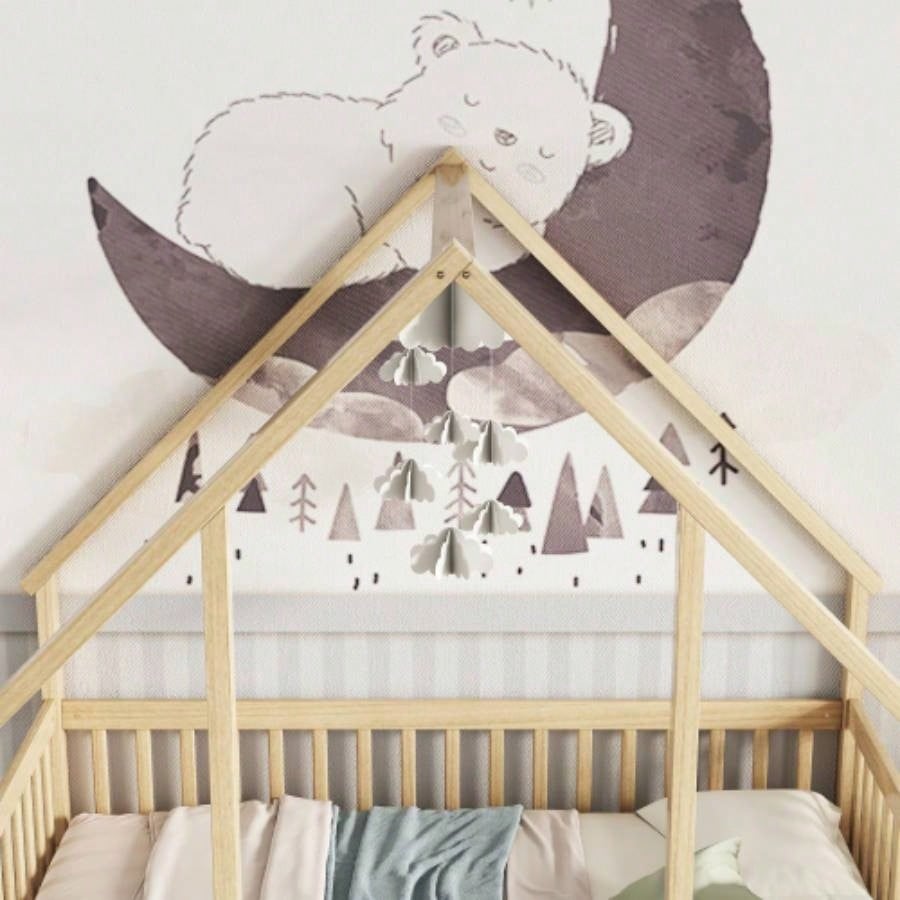 Full Wood House - Shaped Floor Bed with Fence, Guardrails, Natural