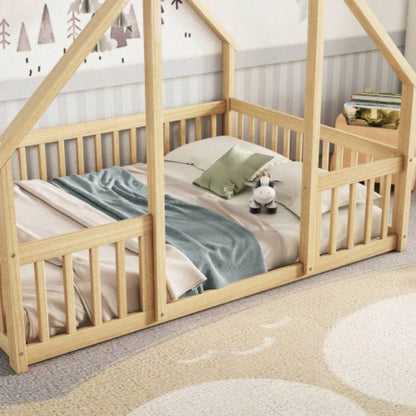 Full Wood House - Shaped Floor Bed with Fence, Guardrails, Natural