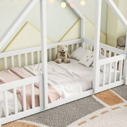 Twin Wood House - Shaped Floor Bed with Fence, Guardrails, White