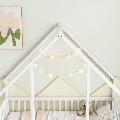 Twin Wood House - Shaped Floor Bed with Fence, Guardrails, White