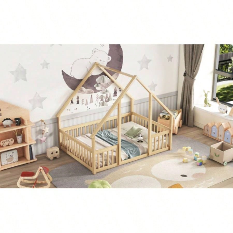 Full Wood House - Shaped Floor Bed with Fence, Guardrails, Natural