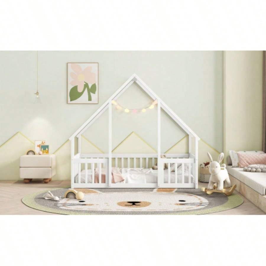 Twin Wood House - Shaped Floor Bed with Fence, Guardrails, White
