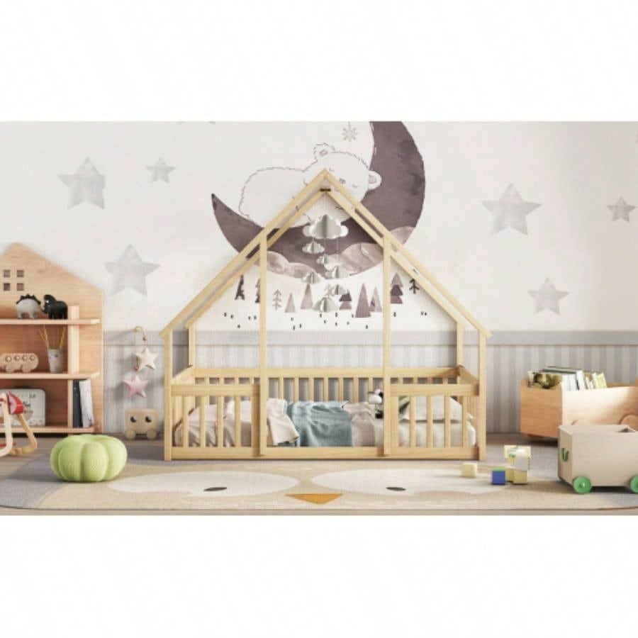 Full Wood House - Shaped Floor Bed with Fence, Guardrails, Natural