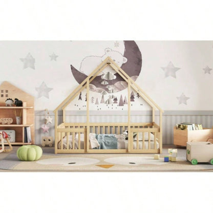 Full Wood House - Shaped Floor Bed with Fence, Guardrails, Natural