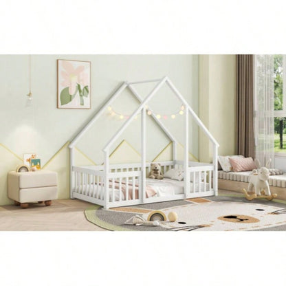 Twin Wood House - Shaped Floor Bed with Fence, Guardrails, White