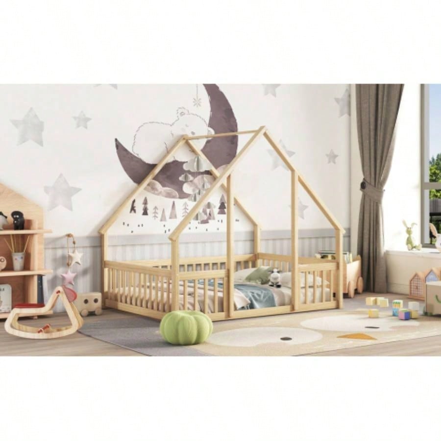 Full Wood House - Shaped Floor Bed with Fence, Guardrails, Natural