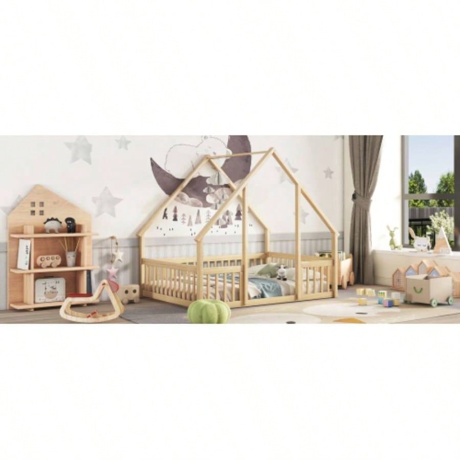 Full Wood House - Shaped Floor Bed with Fence, Guardrails, Natural